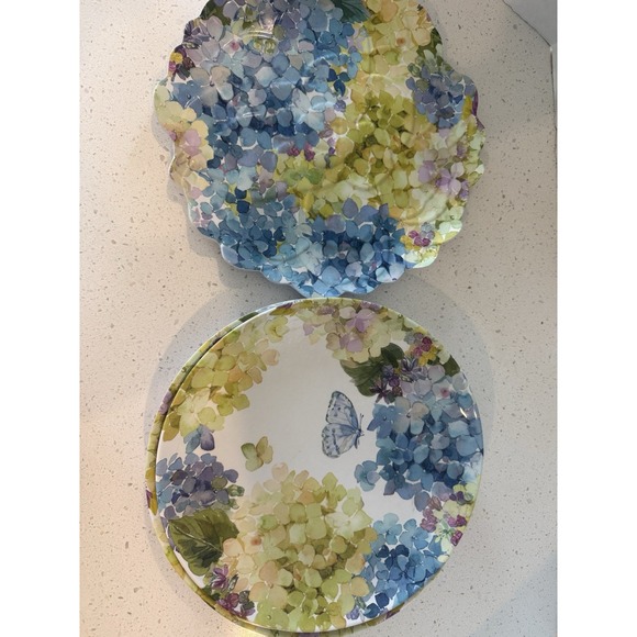 Shabby Chic‎ Blue Butterfly Hydrangea MELAMINE Plate Set Of 5 One Scalloped Edge - Picture 4 of 10